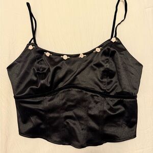 Wild Fable Black Satin Top with Pink Floral Details